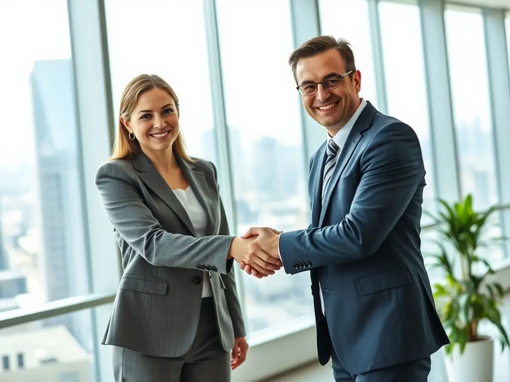 A photograph depicting a handshake between two professionals, symbolizing a successful technology licensing agreement. The background shows a modern office setting with technological equipment, subtly reinforcing the theme of innovation and collaboration.